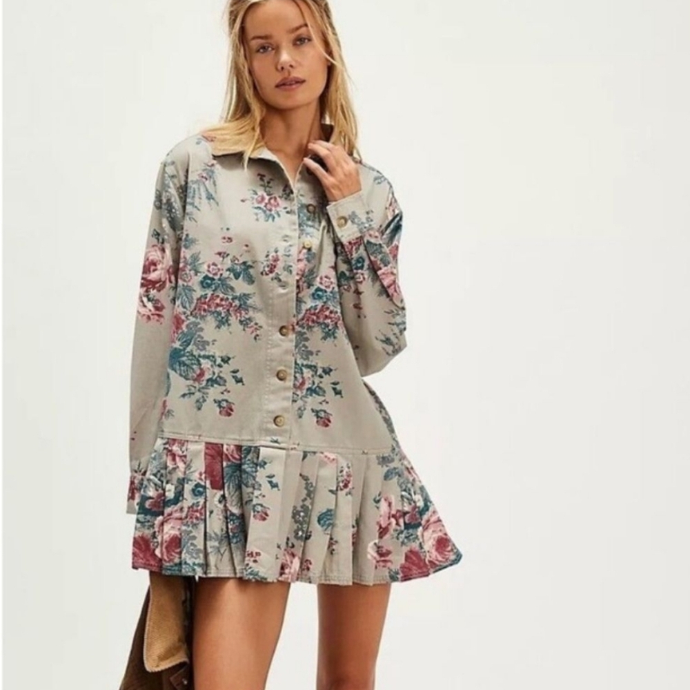 Free People Connor Floral Printed Mini Dress/Tunic Cerulean Blue Combo NWT